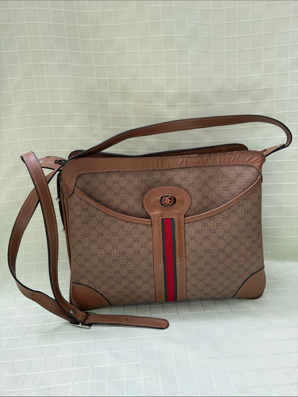 Vintage Tan Gucci Monogram Shoulder Bag with Red and Green Stripe